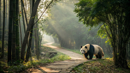 a giant panda walking in the bamboo forestの写真素材