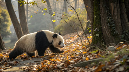 A giant panda in the forest walking on the ground in autumnの写真素材