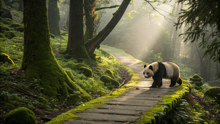 A giant panda walking on a forest trail in the morning.の写真素材