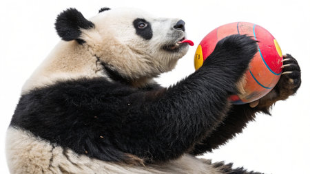 panda playing with a ball in a zoo on a white backgroundの写真素材