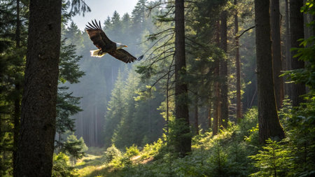 White tailed eagle (Haliaeetus albicilla) flying in the forest.の写真素材