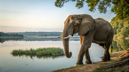 Elephant at the lake in the evening, Chobe National Park, Botswanaの写真素材