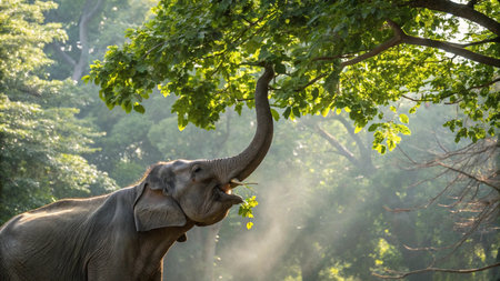 Asian elephant eating leaves in the forest, Chiang Mai, Thailandの写真素材