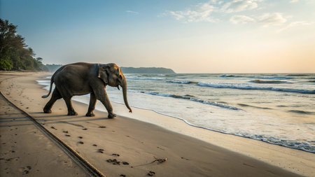 Elephant walking on the beach at sunset. Asiaの写真素材