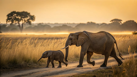 Elephant with baby walking on road in Chobe National Park, Botswana, Africaの写真素材
