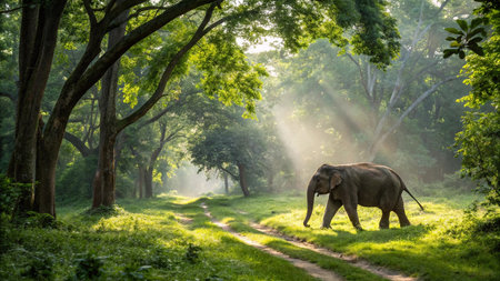 Asian elephant walking in the forest at morning with sunbeams.の写真素材