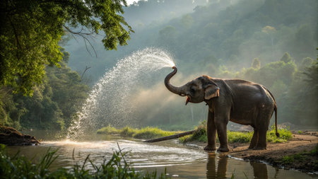 Elephants drinking water in Chiangmai, Thailand.の写真素材