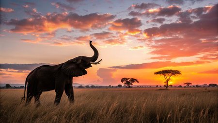 African elephant at sunset in Serengeti National Park, Tanzaniaの写真素材