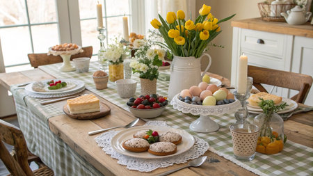 Easter table setting with eggs, cake, muffins and flowers