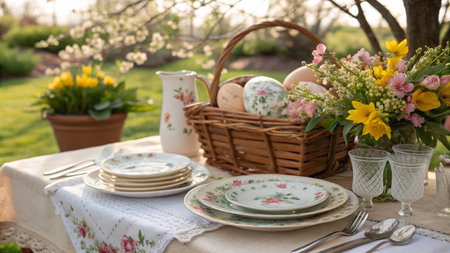 Easter table setting with spring flowers and eggs in the garden.の写真素材