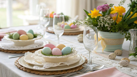 Easter table setting with eggs and crockery in rustic style