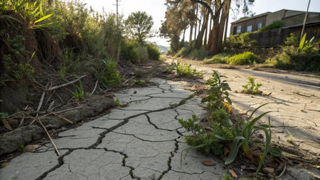 Dry and cracked earth in the garden. Natural disaster concept.