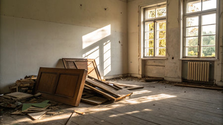 Interior of an old abandoned building with a broken window in the foreground
