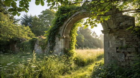 Ruins of a medieval castle in the middle of the forest.の写真素材