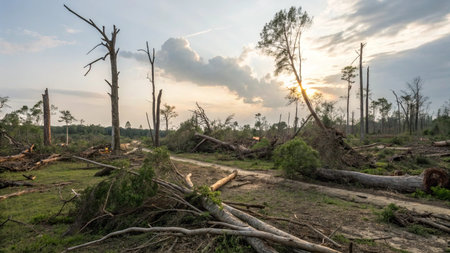 Fallen trees in a forest after a storm at sunset in Brazil