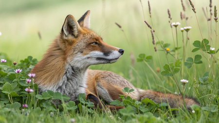 Red fox (Vulpes vulpes) lying in the grass
