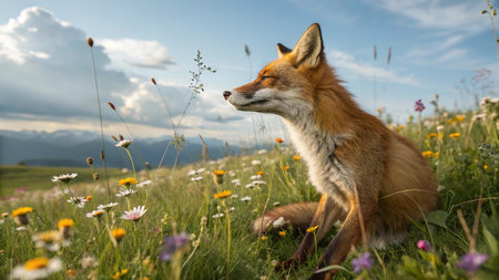 Red fox in a meadow with daisies and blue skyの写真素材