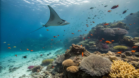 Manta ray on a tropical coral reef in the Red Sea.