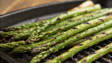 Grilled green asparagus on a cast-iron frying panの写真素材