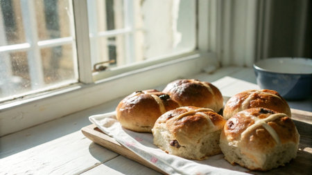 Hot cross buns with raisins on a wooden tray near the window