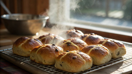 Basket of homemade hot cross buns on wooden table with flowers