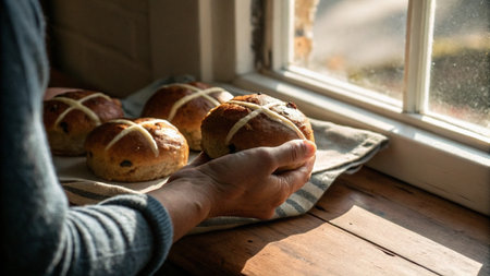 Female hands holding hot cross buns on a rustic wooden table.の写真素材