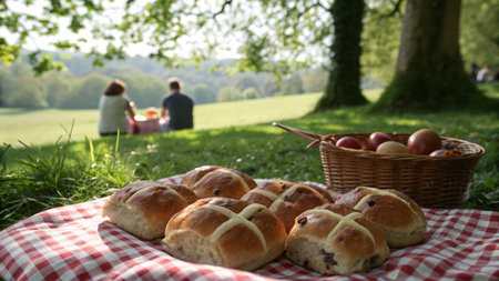 Basket of hot cross buns on a picnic blanket with family in the backgroundの写真素材