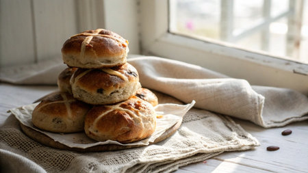 Homemade hot cross buns with raisins and poppy seedsの写真素材