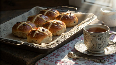 Hot cross buns on a wooden board with a linen napkin on the windowsill