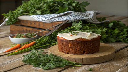 Homemade carrot cake with mayonnaise and herbs on a wooden tableの写真素材
