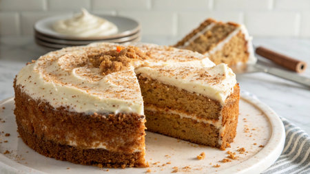 Homemade carrot cake with whipped cream on a white plate, horizontal