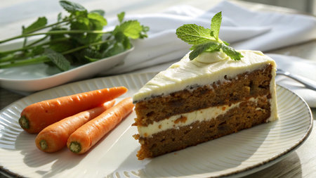Carrot cake with whipped cream and fresh carrots on white plate.の写真素材