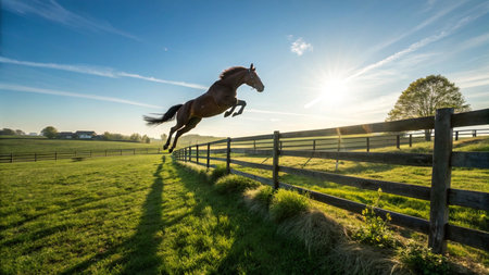 Horse running on a green meadow in the sunlight at sunsetの写真素材