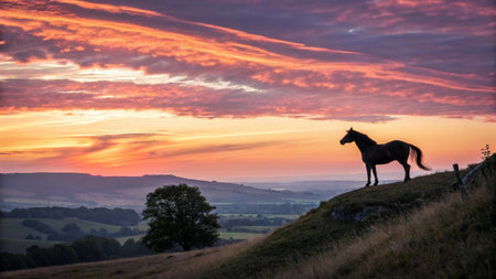 Horse on top of a hill at sunset in the English countrysideの写真素材