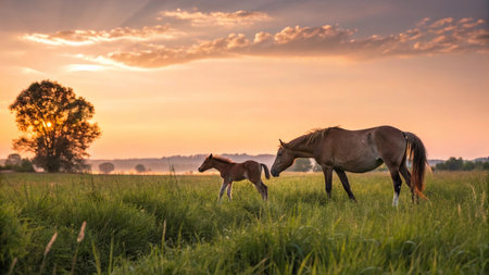 Horse and foal on a meadow at sunset in summer