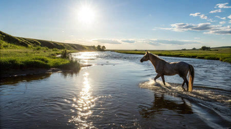 Horse running in the river on a sunny day in summer.の写真素材