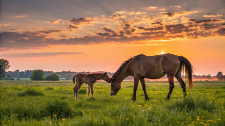 Horse and foal in the meadow at sunset. Sunsetの写真素材
