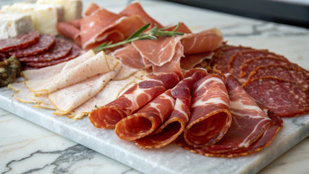 Slices of salami, ham, cheese and rosemaryle board