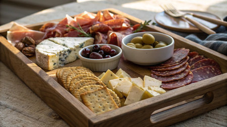 Wooden tray with salami, cheese, olives and crackersの写真素材