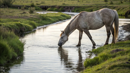 Horse drinking water from a river in the Camargue, Franceの写真素材