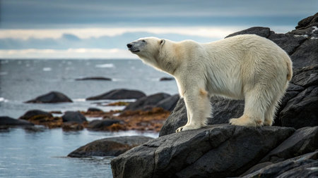 Polar bear (Ursus maritimus) on the rocksの写真素材