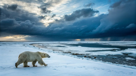 Polar bear (Ursus maritimus) walking on the ice at sunset.の写真素材