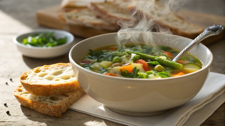 Vegetable soup with green peas, carrots, potatoes and tomatoesの写真素材
