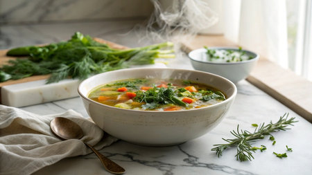 Chicken soup with vegetables and herbs in a bowl on a marble tableの写真素材