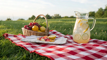 Homemade lemonade with lemon, lime and mint in a glass jar on a picnic blanketの写真素材