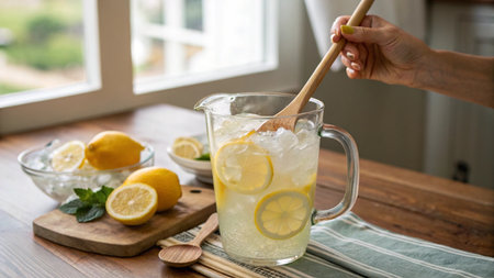 Refreshing lemonade with fresh lemons and ice on wooden tableの写真素材