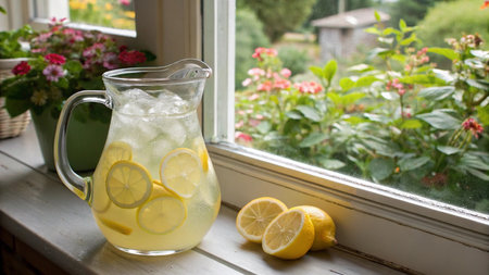 Glass jug of lemonade with ice and lemon slices on the windowsillの写真素材