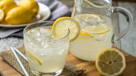 Lemonade with ice and lemon slices on a wooden background.の写真素材