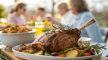 Closeup of roasted lamb with vegetables on plateの写真素材