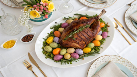 Easter table setting with roasted duck, colored eggs and fresh herbs